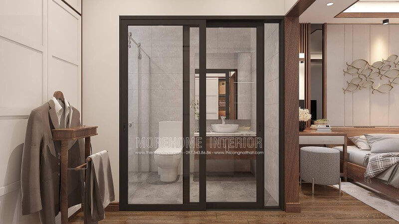 Mẫu bố trí nội thất phòng ngủ hiện đại khép kín trên đây sử dụng tone màu trầm ấn tượng với nội thất gỗ óc chó là một lựa chọn tuyệt vời cho không gian nhà phố, biệt thự.
