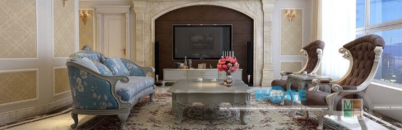 Sofa tân cổ điển với những đường cong tinh tế, chạm trổ tỉ mỉ sẽ góp phần tạo nên sự sang trọng cho phòng khách.