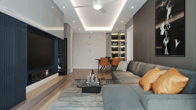 Phòng khách được trang trí theo phong cách hiện đại, cung cấp đầy đủ tiện nghi và sang trọng.